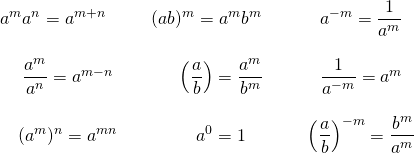 \begin{array}{ccc} a^ma^n=a^{m+n}\hspace{0.25in} &(ab)^m=a^mb^m\hspace{0.25in} &a^{-m}=\dfrac{1}{a^m} \\ \\ \dfrac{a^m}{a^n}=a^{m-n}&\left(\dfrac{a}{b}\right)=\dfrac{a^m}{b^m}&\dfrac{1}{a^{-m}}=a^m \\ \\ (a^m)^n=a^{mn}&a^0=1&\left(\dfrac{a}{b}\right)^{-m}=\dfrac{b^m}{a^m} \end{array}