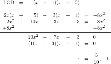\begin{array}{rrrrcrrrl} \\ \\ \\ \\ \\ \\ \\ \\ \\ \text{LCD}&=&(x&+&1)(x&+&5)&& \\ \\ 2x(x&+&5)&-&3(x&+&1)&=&-8x^2 \\ 2x^2&+&10x&-&3x&-&3&=&-8x^2 \\ +8x^2&&&&&&&&+8x^2 \\ \midrule &&10x^2&+&7x&-&3&=&0 \\ &&(10x&-&3)(x&+&1)&=&0 \\ \\ &&&&&&x&=&\dfrac{3}{10}, -1 \end{array}