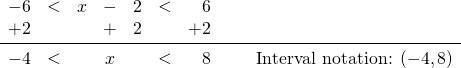 \begin{array}{rrrcrrrr} \\ \\ -6&<&x&-&2&<&6& \\ +2&&&+&2&&+2& \\ \midrule -4&<&&x&&<&8& \hspace{0.25in} \text{Interval notation: } (-4,8) \end{array}