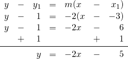 \begin{array}{rrrrlrr} y&-&y_1&=&m(x&-&x_1) \\ y&-&1&=&-2(x&-&-3) \\ y&-&1&=&-2x&-&6 \\ &+&1&&&+&1 \\ \midrule &&y&=&-2x&-&5 \end{array}