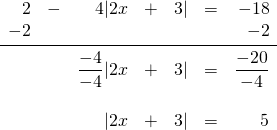 \[\begin{array}{rrrrrrr} 2&-&4|2x&+&3|&=&-18 \\ -2&&&&&&-2 \\ \midrule &&\dfrac{-4}{-4}|2x&+&3|&=&\dfrac{-20}{-4} \\ \\ &&|2x&+&3|&=&5 \end{array}\]