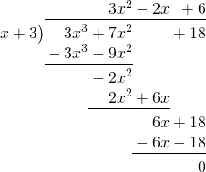 \polylongdiv{3x^3+18+7x^2}{x+3}