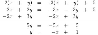 \begin{array}{rrrrrrrrr} 2(x&+&y)&=&-3(x&+&y)&+&5 \\ 2x&+&2y&=&-3x&-&3y&+&5 \\ -2x&+&3y&&-2x&+&3y&& \\ \midrule &&5y&=&-5x&+&5&& \\ &&y&=&-x&+&1&& \end{array}