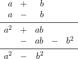 \begin{array}{rrrrr} a&+&b&& \\ a&-&b&& \\ \midrule a^2&+&ab&& \\ &-&ab&-&b^2 \\ \midrule a^2&-&b^2&& \end{array}