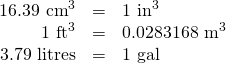 \[\begin{array}{rrl} 16.39\text{ cm}^3&=&1\text{ in}^3 \\ 1\text{ ft}^3&=&0.0283168\text{ m}^3 \\ 3.79\text{ litres}&=&1\text{ gal} \end{array}\]