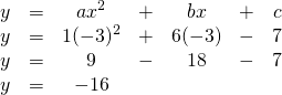 \[\begin{array}{ccccccc} y&=&ax^2&+&bx&+&c \\ y&=&1(-3)^2&+&6(-3)&-&7 \\ y&=&9&-&18&-&7 \\ y&=&-16&&&& \end{array}\]