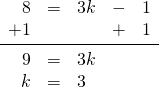 \begin{array}{rrlrr} \\ \\ \\ 8&=&3k&-&1 \\ +1&&&+&1 \\ \midrule 9&=&3k&& \\ k&=&3&& \end{array}