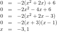\begin{array}{rrl} 0&=&-2(x^2+2x)+6 \\ 0&=&-2x^2-4x+6 \\ 0&=&-2(x^2+2x-3) \\ 0&=&-2(x+3)(x-1) \\ x&=&-3,1 \end{array}