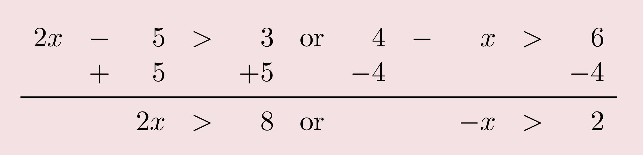Add 5 to both sides or subtract 4 from both sides. Result is 2 X is greater than 8 or negative X is greater than 2.