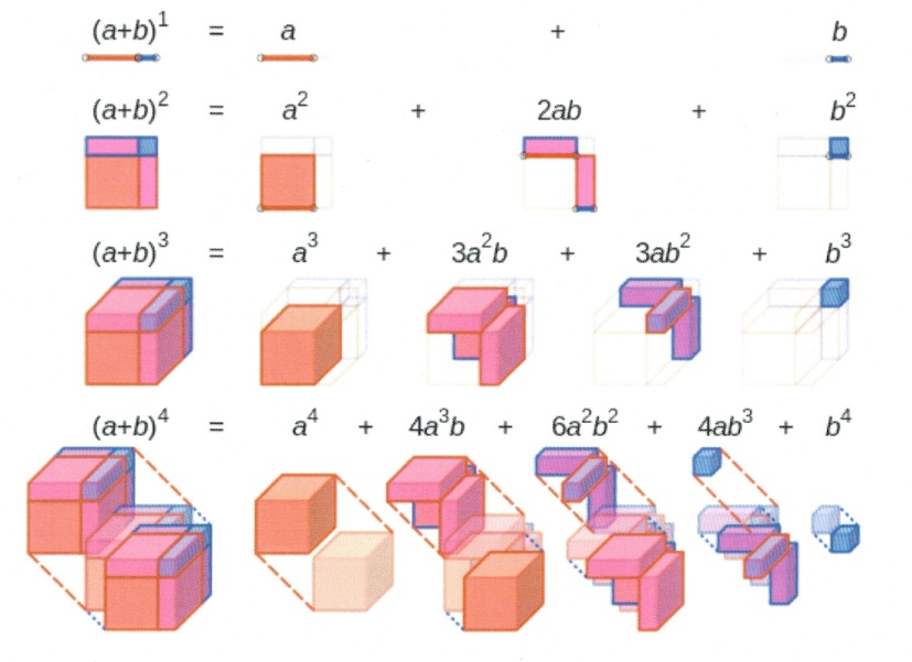 (a+b)1=a+b. (a+b)2 = a2 + 2ab+ b2 (a+b)2=a2+3a+2b+dab2+b2, (a+b)4=a4+4a2b+6a2b2+4ab2+b2