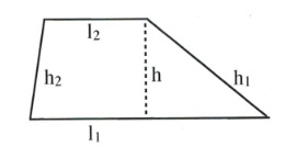 Trapezoid with height h, sides with heights h1 and h2, and bases l1 and l2.