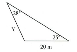 Triangle with angles of 28 and 25 degrees, 20 m side