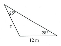 Triangle with angles of 25 and 28 degrees, side of 12