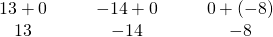\begin{array}{ccccccc}\hfill 13+0\hfill & & & \hfill -14+0\hfill & & & \hfill 0+\left(-8\right)\hfill \\ \hfill 13\hfill & & & \hfill -14\hfill & & & \hfill -8\hfill \end{array}