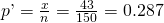 Rendered by QuickLaTeX.com p\text{'}=\frac{x}{n}=\frac{43}{150}=0.287