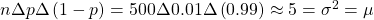 n·p·\left(1-p\right)=500·0.01·\left(0.99\right)\approx 5={\sigma }^{2}=\mu