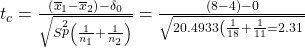Rendered by QuickLaTeX.com {t}_{c}=\frac{\left({\overline{x}}_{1}-{\overline{x}}_{2}\right)-{\delta }_{0}}{\sqrt{S\stackrel{2}{p}\left(\frac{1}{{n}_{1}}+\frac{1}{{n}_{2}}\right)}}=\frac{\left(8-4\right)-0}{\sqrt{20.4933\left(\frac{1}{18}+\frac{1}{11}}}=2.31
