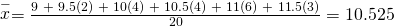 Rendered by QuickLaTeX.com \stackrel{-}{x}=\frac{\text{9 + 9}\text{.5(2) + 10(4) + 10}\text{.5(4) + 11(6) + 11}\text{.5(3)}}{20}=10.525