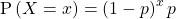 Rendered by QuickLaTeX.com \text{P}\left(X=x\right)=\left(1-p{\right)}^{x}p