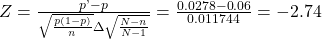 Rendered by QuickLaTeX.com Z=\frac{p\text{'}-p}{\sqrt{\frac{p\left(1-p\right)}{n}}·\sqrt{\frac{N-n}{N-1}}}=\frac{0.0278-0.06}{0.011744}=-2.74