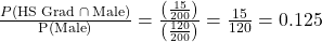 \frac{P\left(\text{HS Grad}\phantom{\rule{0.2em}{0ex}}\cap \phantom{\rule{0.2em}{0ex}}\text{Male}\right)}{\text{P}\left(\text{Male}\right)}=\frac{\left(\frac{15}{200}\right)}{\left(\frac{120}{200}\right)}=\frac{15}{120}=0.125