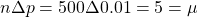 n·p=500·0.01=5=\mu