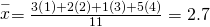 Rendered by QuickLaTeX.com \stackrel{-}{x}=\frac{3\left(1\right)+2\left(2\right)+1\left(3\right)+5\left(4\right)}{11}=2.7