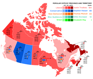 2015 Canadian popular vote by province and territory. The Liberals won 184 of the seats.