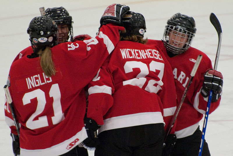 A group of hockey players celebrating on the ice.