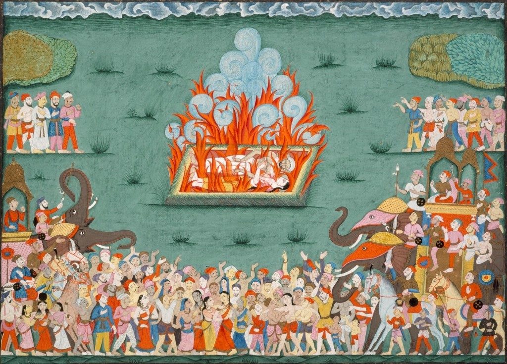 A painting of a man and woman burning on a 
funeral pyre surrounded by a crowd of people.