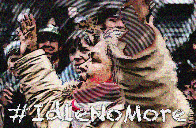 A picture of a woman with her hands up yelling with the hashtag &quot;idle no more&quot;