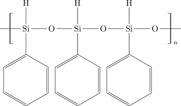 \chemfig{-[@{left,.50}]Si(-[:-90]*6(=-=-=-))(-[:90]H)-O-Si(-[:-90]*6(=-=-=-))(-[:90]H)-O-Si(-[:-90]*6(=-=-=-))(-[:90]H)-O-[@{right,0.50}:0]} \polymerdelim[delimiters={[]}, height = 17pt]{left}{right}