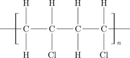 \chemfig{-[@{left,.75}]C(-[:90]H)(-[:-90]H)-C(-[:90]H)(-[:-90]Cl)-C(-[:90]H)(-[:-90]H)-C(-[:90]H)(-[:-90]Cl)-[@{right,0.25}:0]}\polymerdelim[delimiters={[]}, height = 17pt]{left}{right}