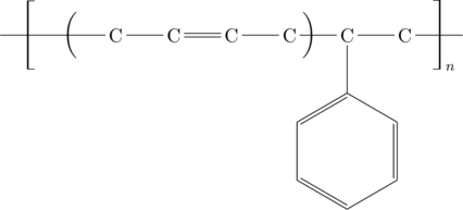 \chemfig{-[@{left,.50}]-[@{west,.25}]C-C=C-C-[@{east,.25}]C(-[:-90]*6(=-=-=-))-C-[@{right,0.50}:0]} \polymerdelim[delimiters={[]}, height = 17pt]{left}{right} \polymerdelim[delimiters={()}, height = 10pt, indice={}]{west}{east}