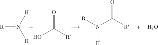 \chemfig{N(-[:180]R)(-[:60]H)-[:-60]H}+\chemfig{(=[:90]O)(-[:-150]HO)-[:-30]R'}\longrightarrow\chemfig{N(-[:-90]H)(-[:150]R)-[:30](=[:90]O)(-[:-30]R')}\hspace{1em}+\hspace{1em}\ce{H2O}