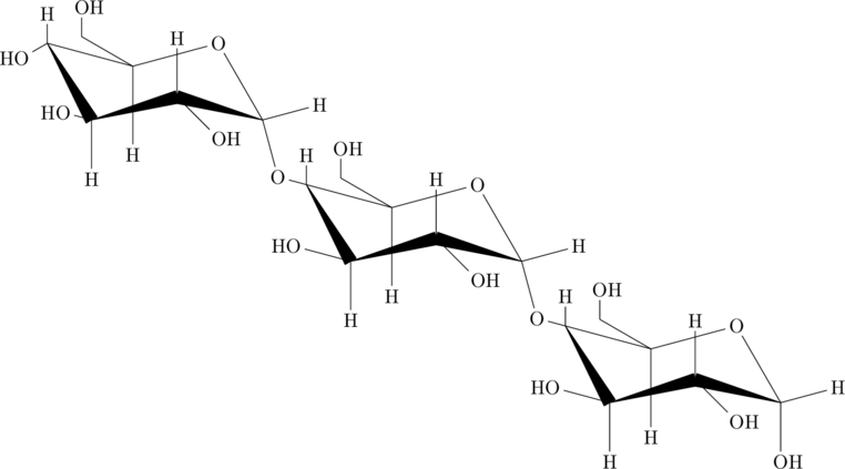 \chemfig{H-[:-90, 0.5](-[:-150, 0.5]HO)(<[:-60, 1.5](-[:165, 0.5]HO)(-[:-90]H)<[:15, 1.5](-[:90]H)(-[:-45]OH)>[:-15, 1.5]-[:15]H)-[:-15, 1.5](-[:150]-[:90, 0.5]OH)(-[:-90, 1.5]H)-[:15, 1.5]O-[:-60, 1.5]-[:-75]O-[:-15, 0.5](-[:90, 0.5]H)(<[:-60, 1.5](-[:165]HO)(-[:-90]H)<[:15, 1.5](-[:90]H)(-[:-45]OH)>[:-15, 1.5]-[:15]H)-[:-15, 1.5](-[:150]-[:90, 0.5]OH)(-[:-90, 1.5]H)-[:15, 1.5]O-[:-60, 1.5]-[:-75]O-[:-15, 0.5](-[:90, 0.5]H)(<[:-60, 1.5](-[:165]HO)(-[:-90]H)<[:15, 1.5](-[:90]H)(-[:-45]OH)>[:-15, 1.5]-[:15]H)-[:-15, 1.5](-[:150]-[:90, 0.5]OH)(-[:-90, 1.5]H)-[:15, 1.5]O-[:-60, 1.5]-[:-90]OH}