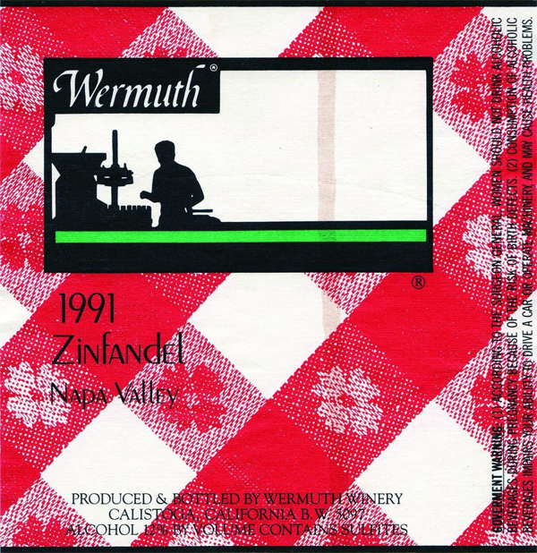 A wine label for a 1991 Zinfandel by Wermuth from the Napa Valley.