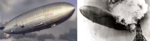 Collage. First image is a blimp. Second image is a burning blimp.