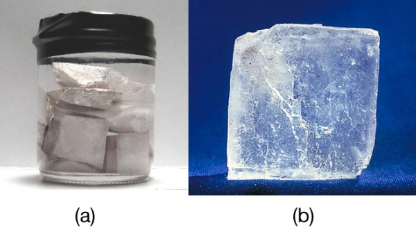 a) Sodium metal is silvery, soft, and opaque and conducts electricity and heat well. (b) NaCl is transparent, hard, and colorless and does not conduct electricity or heat well in the solid state. These two substances illustrate the range of properties that solids can have. Source: “Sodium” by Mrs Pugliano is licensed under the Creative Commons Attribution-ShareAlike 2.0 Generic; “Halite(Salt)” is in the public domain;