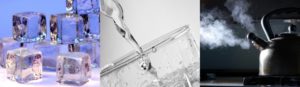 Ice cubes; glass of water; steaming kettle.