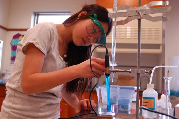 When a student performs a titration, a measured amount of one solution is added to another reactant. “Chemistry titration lab” by Kentucky Country Day is licensed under the Creative Commons Attribution-NonCommercial 2.0 Generic.