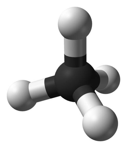 The methane molecule is three dimensional, with the H atoms in the positions of the four corners of a tetrahedron. Source: “Methane-CRC-MW-3D-balls” by Ben Mills is in the public domain
