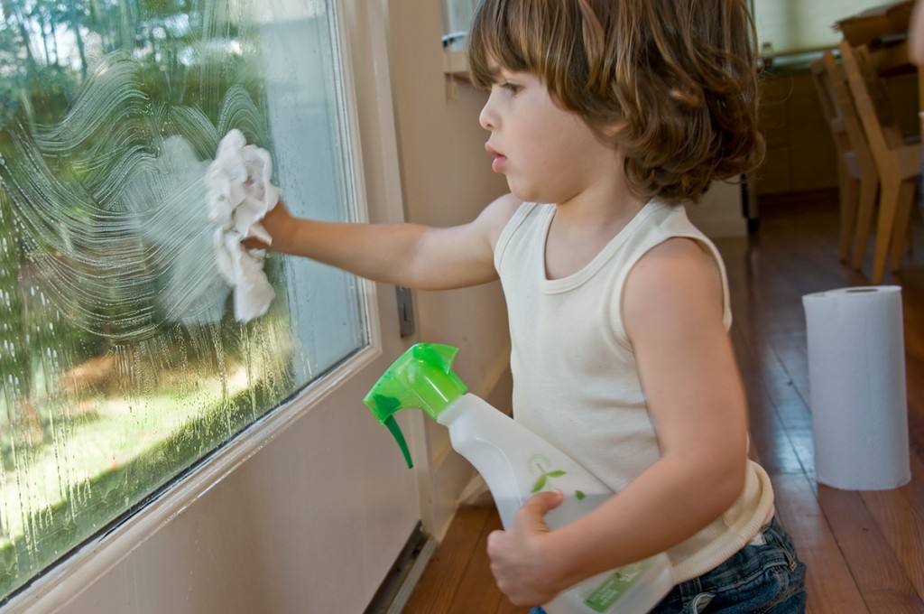 A young boy holds a spray bottle while wiping a window.