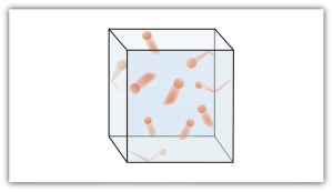 Widely spaced gas particles ricochet off the walls of a transparent cube.