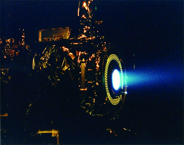 A xenon ion engine test firing.