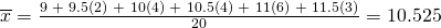 Rendered by QuickLaTeX.com \overline{x}=\frac{\text{9 + 9}\text{.5(2) + 10(4) + 10}\text{.5(4) + 11(6) + 11}\text{.5(3)}}{20}=10.525
