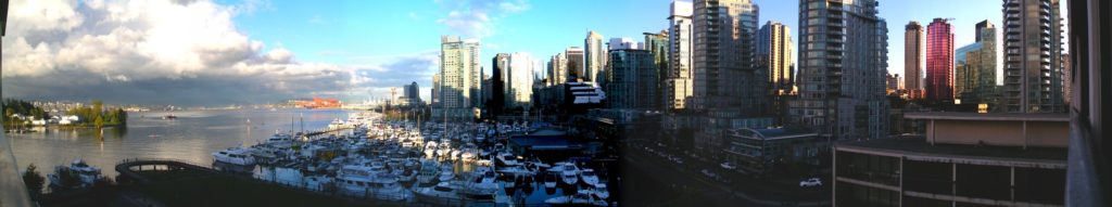 Panoramic view of a harbour crowded with yachts and surrounded by skyscrapers.
