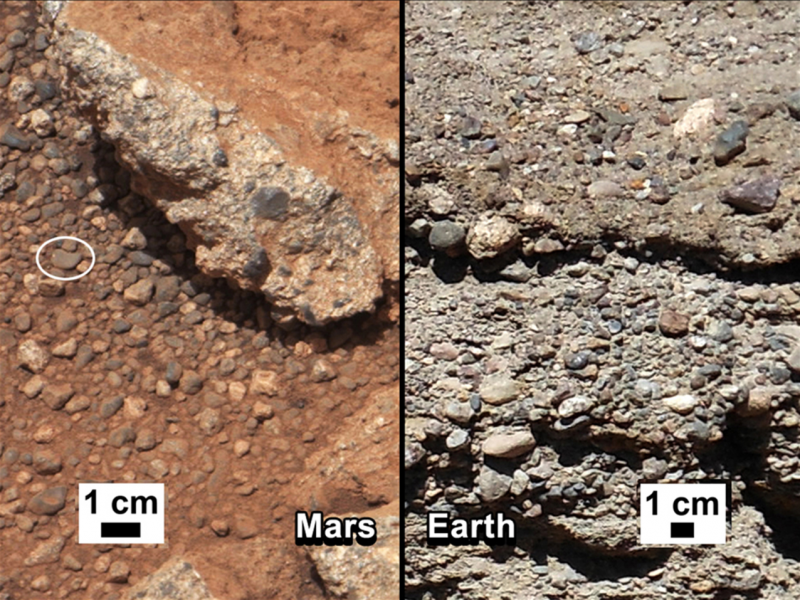 Two photographs of similar rocks. Both have rounded pebbles embedded in finer material.