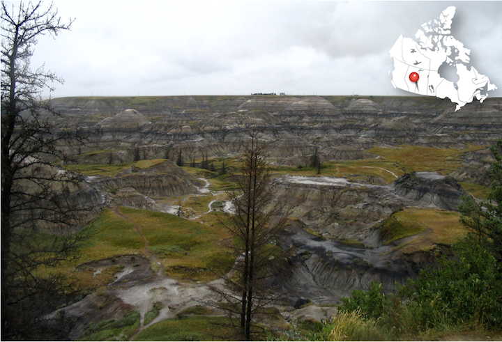 Badlands in southern Saskatchewan. Erosion has exposed layers of rock going back more than 65 million years.