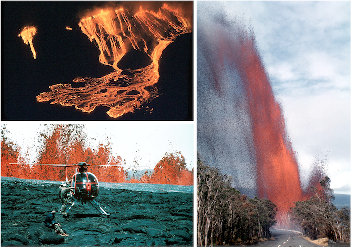 Hawaiian eruptions. Top left: Fissure eruption at Kīlauea Iki Crater in November of 1959. Bottom left: Lava fountains from an eruption of Mauna Loa Volcano in 1984. Right: Lava fountain from Kīlauea Iki Crater eruption in November of 1959.